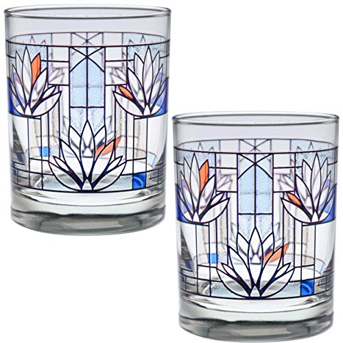 Culver Frank Lloyd Wright DOF Double Old Fashioned Glass 14-Ounce (Gift Boxed Set of 2, Waterlilies)