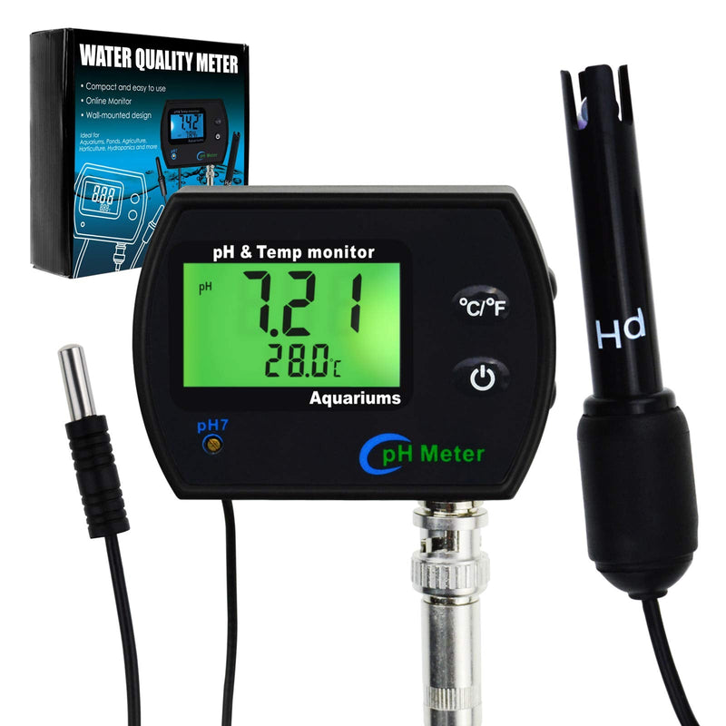 2 in 1 pH & Temperature Monitor, pH Meter with Backlight Function, Dual Display 0.00~14.00pH °C/ °F Water Quality Tester pH Monitor for Water, Fish Tank, Aquarium, Hydroponics, Pools pH/Temp Meter