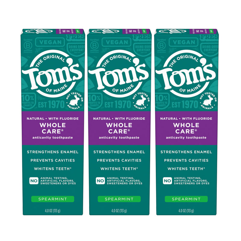 [Australia - AusPower] - Tom's of Maine Whole Care Natural Toothpaste with Fluoride, Spearmint, 4 Ounce (Pack of 3), (Packaging May Vary) 4 Ounce (Pack of 3) 