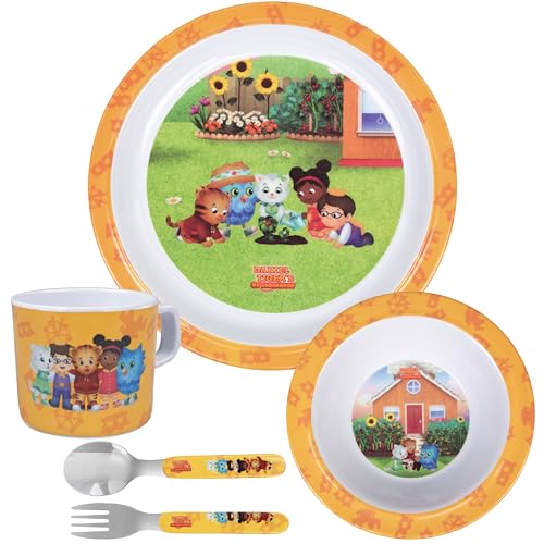 Daniel Tiger's Neighborhood Daniel Tiger Mealtime Feeding Set for Kids and Toddlers - Includes Plate, Bowl, Cup, Fork and Spoon Utensil Flatware - Durable, Dishwasher Safe, BPA Free (5 pieces,Yellow) Yellow