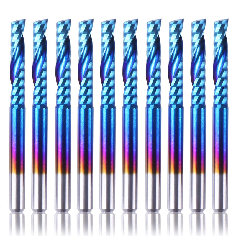 SainSmart Genmitsu 10Pcs Nano Blue Coat Flat Nose End Mill CNC Router Bits, 1/8" Shank Spiral Upcut Single 1 Flute End Mill Set (3.175 x 17 x 38mm) 3.175mm Set (1-Flute Flat Nose)