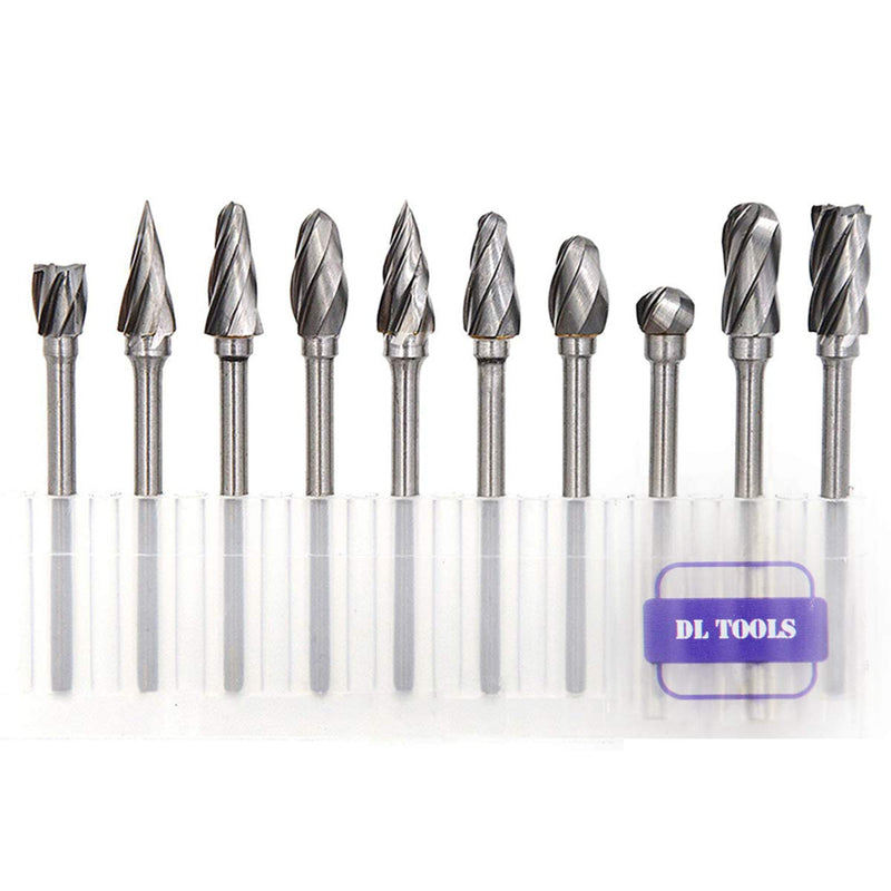 DLtools 10pcs Aluma Cut Tungsten Carbide Rotary Burr Set, Metal Carving Drilling Polishing Cutter Bits with 1/8"(3mm) Shank and 1/4"(6mm) Head Dia for Die Grinder Drill Aluminum and Wood Aluma Cut Burr Set