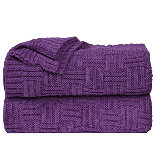 uxcell 100% Cotton Cable Knit Throw Blanket,Soft Lightweight Lap Blanket,Textured Solid Sofa Throw Couch Cover Decors Knitted Blankets, Grape 50"x 60" Throw (50" *60")