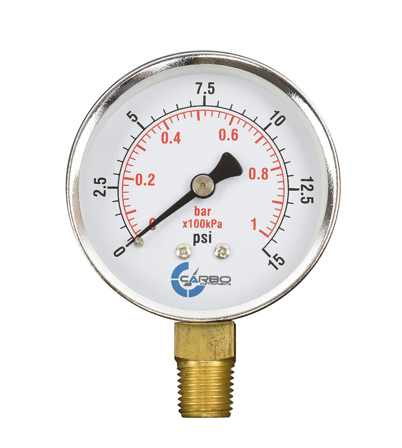 [Australia - AusPower] - 2-1/2" Pressure Gauge, Chrome Plated Steel Case, Dry, 0-15 psi/kPa, Lower Mount 1/4" NPT 