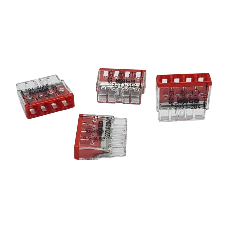 Pack of 30 Wago 2273-204 Compact Connectors for Junction Boxes, Diameter 0.5 - 2.5 mm², 4-Pin, Transparent/Red | 4-pole, 450 V Push-in terminals in transparent/red for solid conductors, 0.5 - 2.5 mm² nominal cross-section, 24 A rated current