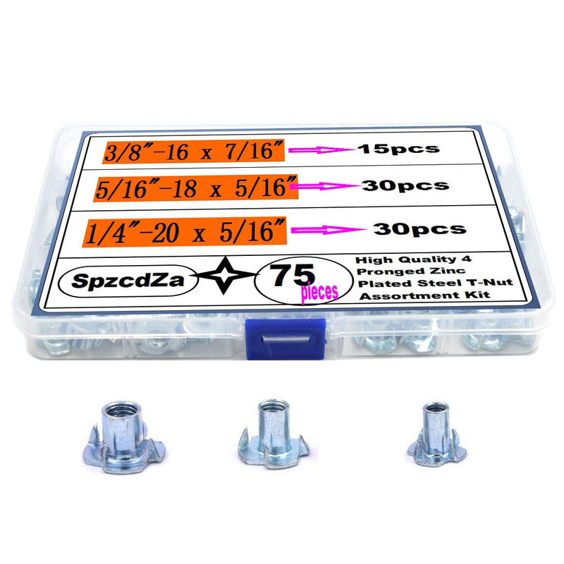 [Australia - AusPower] - T Nuts 1/4"-20 5/16"-18 3/8"-16, SpzcdZa 75Pcs T Nut Zinc Plated Steel T-Nuts 4 Pronged Tee Blind Nuts Assortment Kit for Wood, Rock Climbing Holds, Cabinetry, Furniture etc. 1/4",5/16",3/8"Assortment Kit(75pcs) 