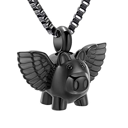 XSMZB Flying Pig Cremation Jewelry for Ashes Cute Pig Urn Necklace for Pet/Human Funeral Keepsake Pendant Hold Ashes Black