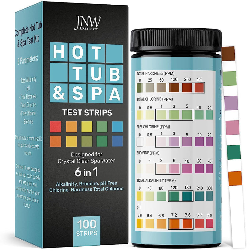 Hot Tub and Pool Test Strips - 6in1 Quick & Accurate Hot Tub, Spa, Pool Test Strips - 100 Water Test Strips, Water Test Kit with E-Book - Test Chlorine, Bromine, pH, Hardness, Alkalinity - JNW Direct HOT TUB TEST STRIPS - 100 STRIPS
