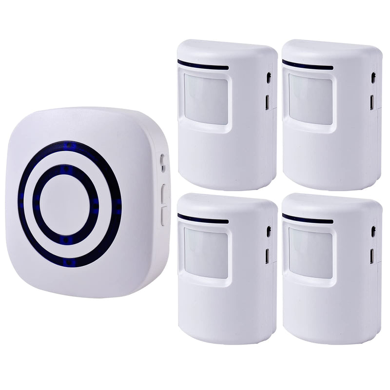 Seanme Motion Sensor Alarm, Wireless Driveway Alarm, Home Security Business Detect Alert with 4 Sensor and 1 Receiver,38 Chime Tunes - LED Indicators for Indoor Use 1 alarm + 4 sensors