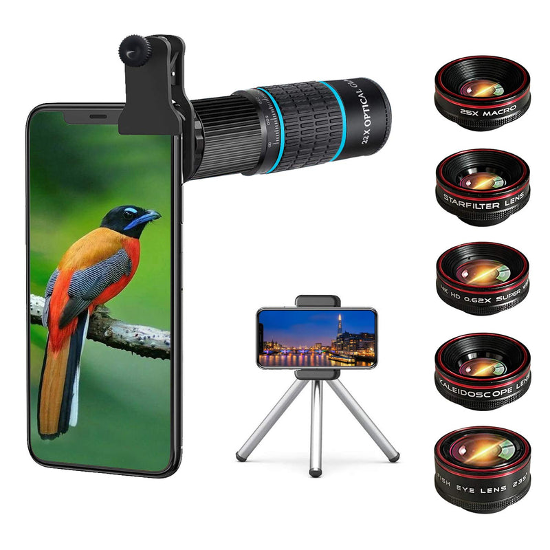 [Australia - AusPower] - Phone Camera Lens Kit 10 in 1 for iPhone Samsung Pixel Android, 22X Telephoto Lens, 0.62X Super Wide Angle Lens&25X Macro Lens, 235° Fisheye,Kaleidoscopes, Starlight，Tripod，for Most Smartphone Black 