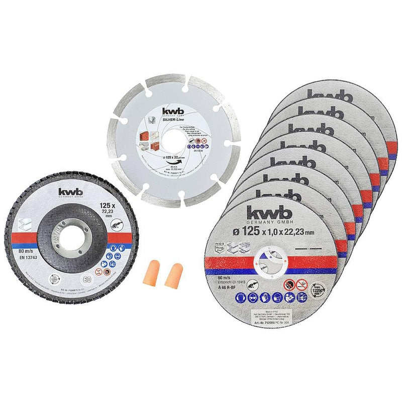 kwb 712031 Thin Diamond Cutting Disc for Angle Grinder 115 mm Flex Disc, 712042 | Thin cutting discs, diamond cutting disc, grinding mop disc, for metal and stone, including ear plugs Ø 125 mm Cutting discs + diamond and grinding wheel In metal tin