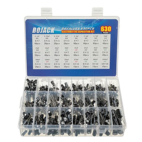 BOJACK 24 Value 630 Pieces Capacitor Electrolytic Capacitor Assortment Kit Including Model Number 0.1uF-1000uF