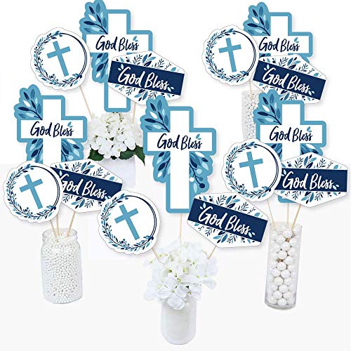 Blue Elegant Cross - Religious Party Centerpieces - Table Toppers - 15pc