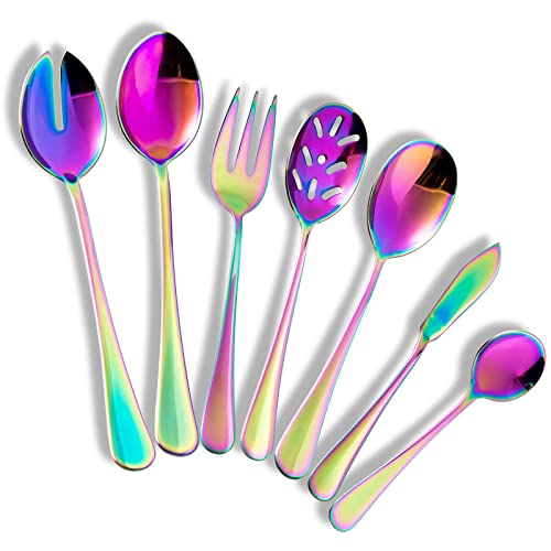 Color rainbow Serving utensils set. Stainless Steel Large Hostess Flatware Sets 7-Piece Includes Silverware Large Salad Spoons,Forks,knife.Dishwasher Safe