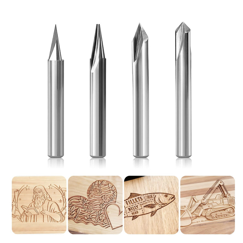 Engraving CNC Wood Carving Router Bit 1/4 Shank 15°/20°/60°/90° Engraving Bits, 2 Flutes Straight CNC V-bit Tungsten Steel Marking Conical Engraving Router Tool 4PCS Router Bit