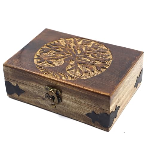Handmade Wooden Jewelry Box with Tree of Life Engraving – Antique Handcarved Keepsake Organizer for Women & Men | Solid Wood Storage Box for Jewelry, Trinkets, Gifts & Home Décor 7" x 5" x 2.5" Tree - 2