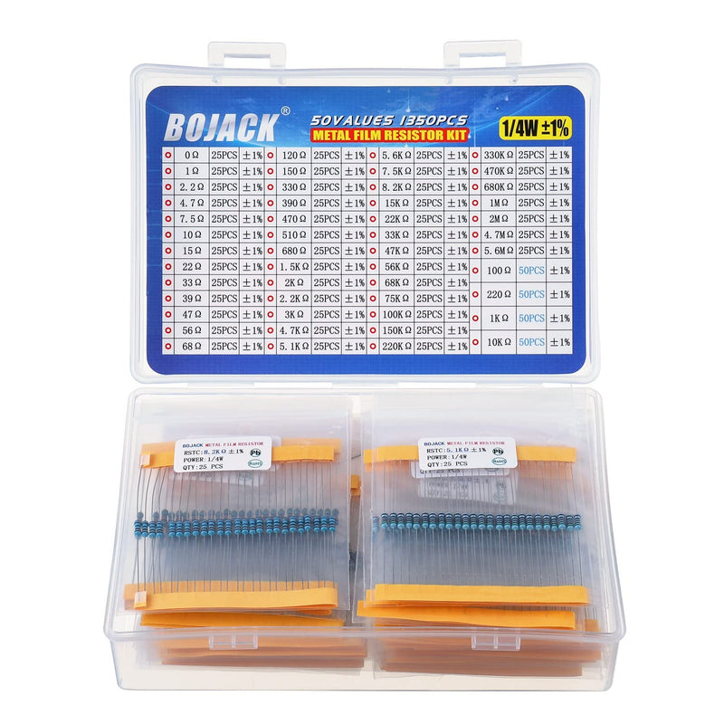 Bojack Resistors Assortment Kit, 50 Values, 1350 Pieces, 0 Ohm - 5.6 M Ohm with 1 % 1/4 W Metal Film