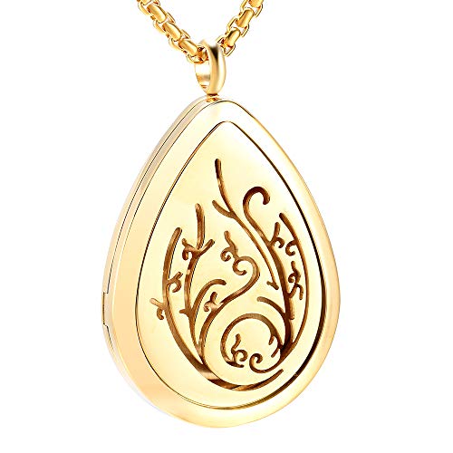Tree of Life - Stainless Steel Teardrop Aromatherapy Essential Oil Diffuser Necklace Locket Necklace Pendant (Gold) Gold