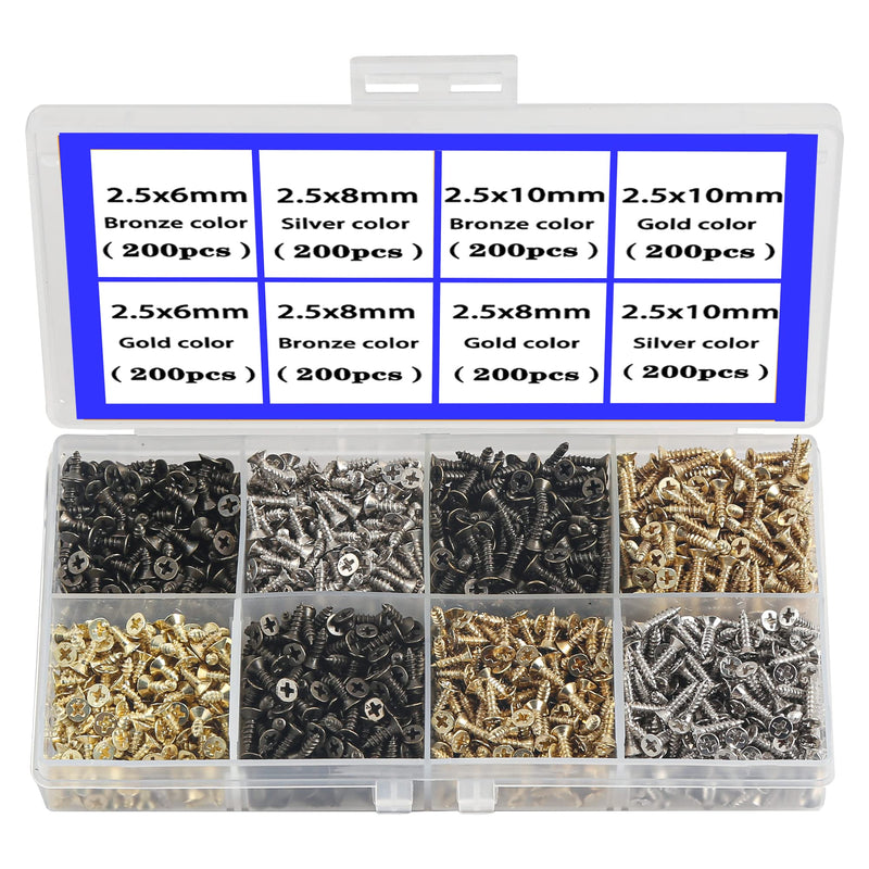 [Australia - AusPower] - newlng 1600pcs 2.5MM Small Screws Phillips Flat Head Cross Self Tapping Tiny Screw Cabinet Electronic Accessories Multifunctional DIY Micro Woodworking Mini Screw Set Gold Black Silver C 
