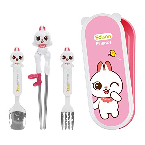 Rabbit Stainless Steel Chopsticks, Spoon, Fork and Case 4 Set, Chopsticks Training, Beginner, Brain Training (White Rabbit) Right Handed/Made in Korea
