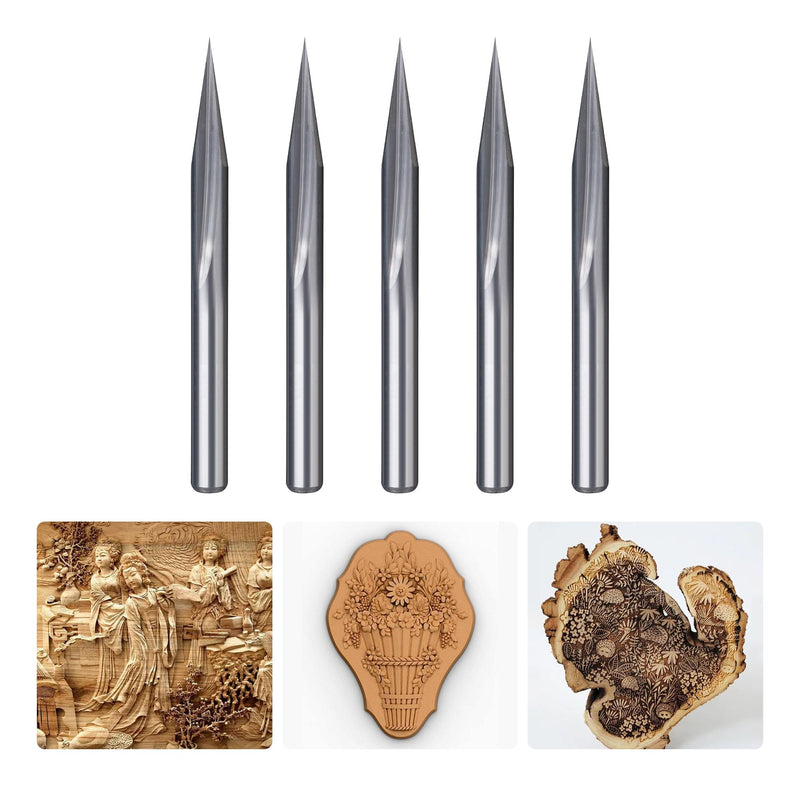 HUHAO V Groove CNC Wood Engraving Bit, 1/8 Shank, 20 Degree 0.1mm Carbide Tip Engraving Bits,2 Flute Straight & V-Bit Woodworking Carving Bit Tool for Plywood, MDF Lettering Sign Making ø3.175*20°*0.1mm 5pcs