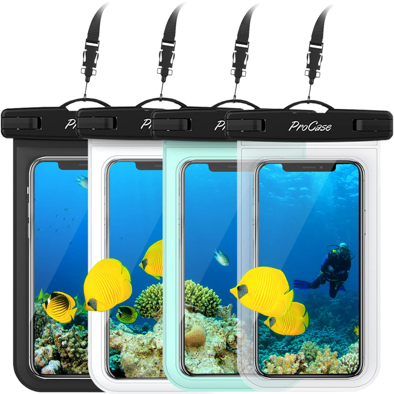 [Australia - AusPower] - 4 Pack Waterproof Phone Pouch Dry Bag Underwater Case for iPhone 15 14 13 12 Pro Max 11 Pro Max 13 Mini Xs Max XR X 8 7, Galaxy S23 S22 S21 Ultra Note up to 7" -Black White Green Clear black/White/Green/Clear 
