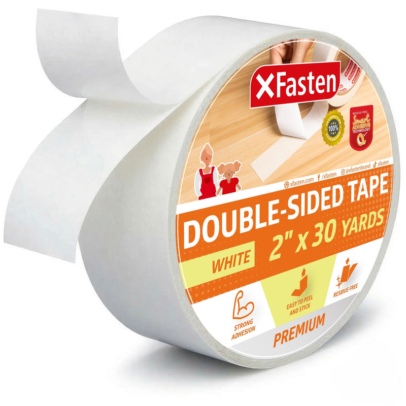XFasten Double Sided Tape, White, Removable and Residue-Free, 2-Inch x 30 Yards, Surface Safe Two-Sided Sticky Adhesive Tape for Wall, Floor, Clothes, Rug, Fabric, Crafts and Scrapbooking 2-Inch by 30-Yards
