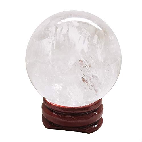 Natural Clear Quartz Healing Crystal Ball with Wood Stand, 40mm Polished Stone Sphere, Collectible Home Decor for Shelf & Desk, Crystal Gifts Rock Quartz