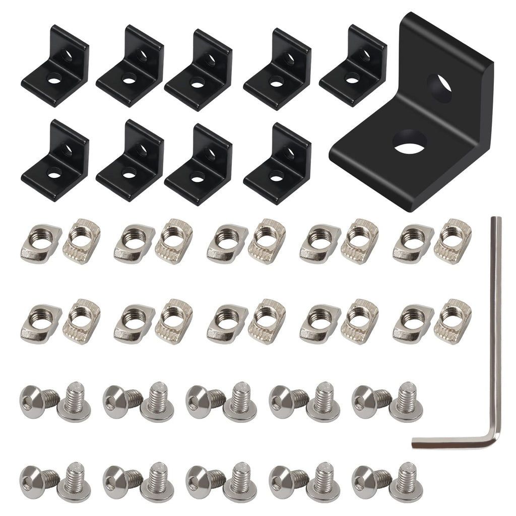 KOOTANS 10Set 2020Series 2 Hole 90 Degree Inside Corner Bracket Kit, Black L Corner Bracket for 2020 Aluminum Extrusion Profile 6mm Slot with 20pcs M5 T Nuts, 20pcs M5 Hex Screw, 1pcs Wrench 10pcs 2020 with screws & nuts Black