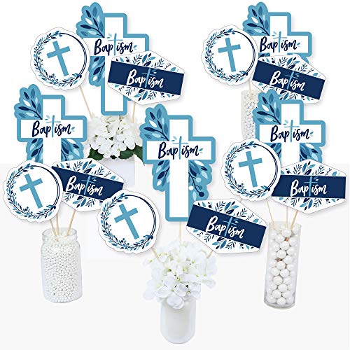 Baptism Blue Elegant Cross Party Centerpiece Sticks - Table Toppers - 15pc