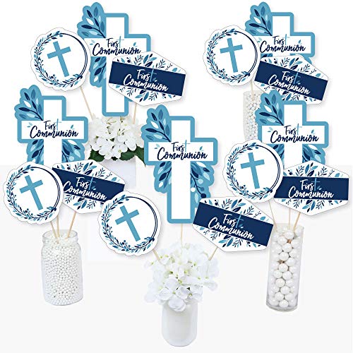 First Communion Blue Elegant Cross Centerpieces - Table Toppers - 15pc