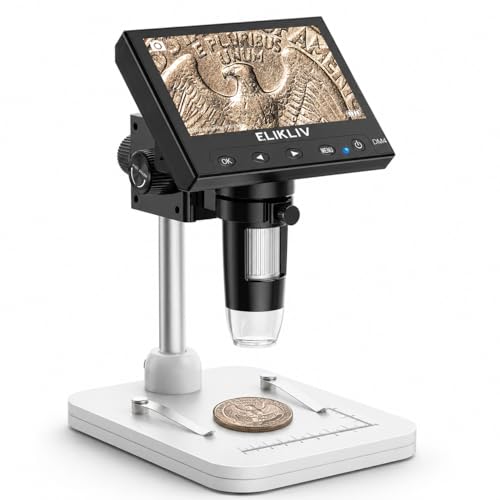 Elikliv Microscope, LCD Digital Coin Microscope 1000x, Coin Magnifier with 8 Adjustable LED Lights, PC View Compatible with Windows/MacBook, EDM4, 4.3-Inch White