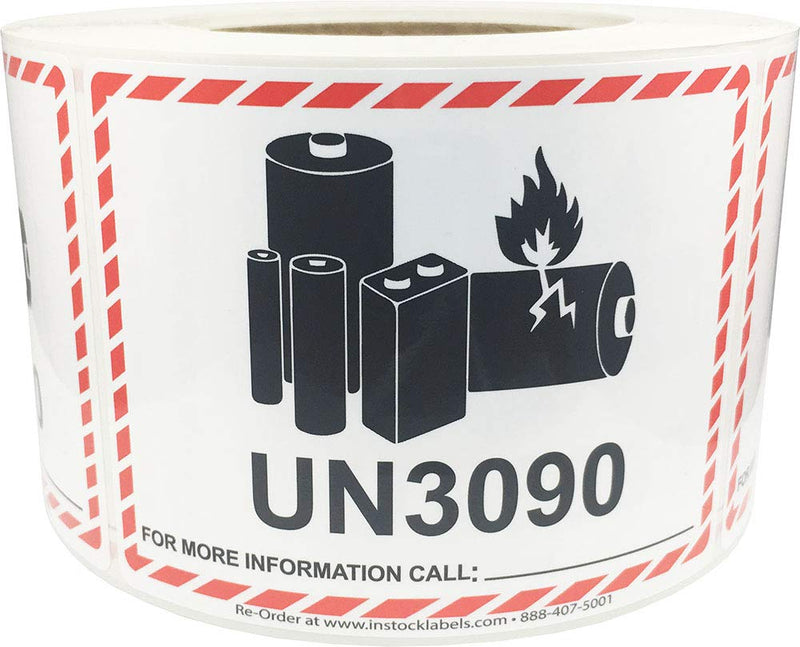 UN3090 Caution Lithium Battery Labels 3.25 x 4.25 Inch 500 Total Stickers for Smaller Packages Only