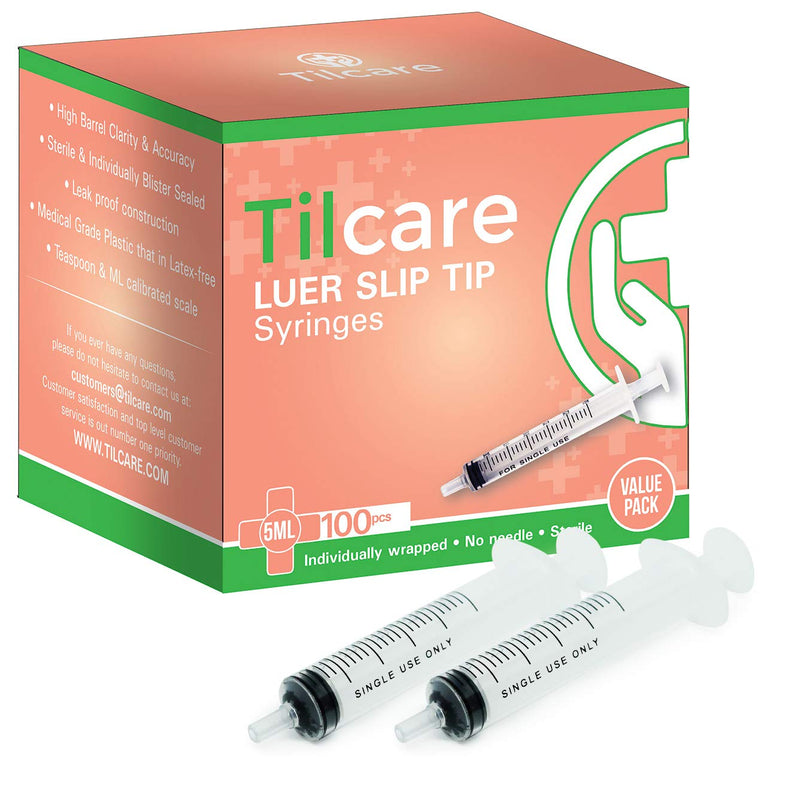 [Australia - AusPower] - 5ml Oral Dispenser Syringe Luer Slip 100 Pack by Tilcare - Sterile Plastic Medicine Droppers for Children, Pets & Adults – Latex-Free Medication Syringe Without Needle - Syringes for Glue and Epoxy 