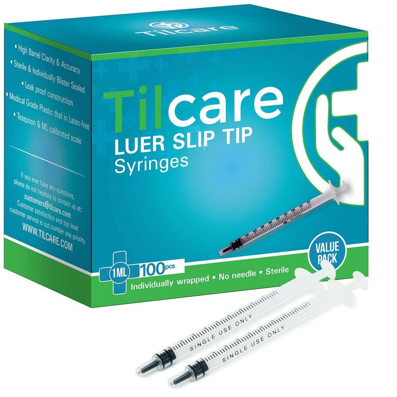 [Australia - AusPower] - 1ml Syringe Without Needle Luer Slip 100 Pack by Tilcare - Sterile Plastic Medicine Droppers for Children, Pets or Adults – Latex-Free 
