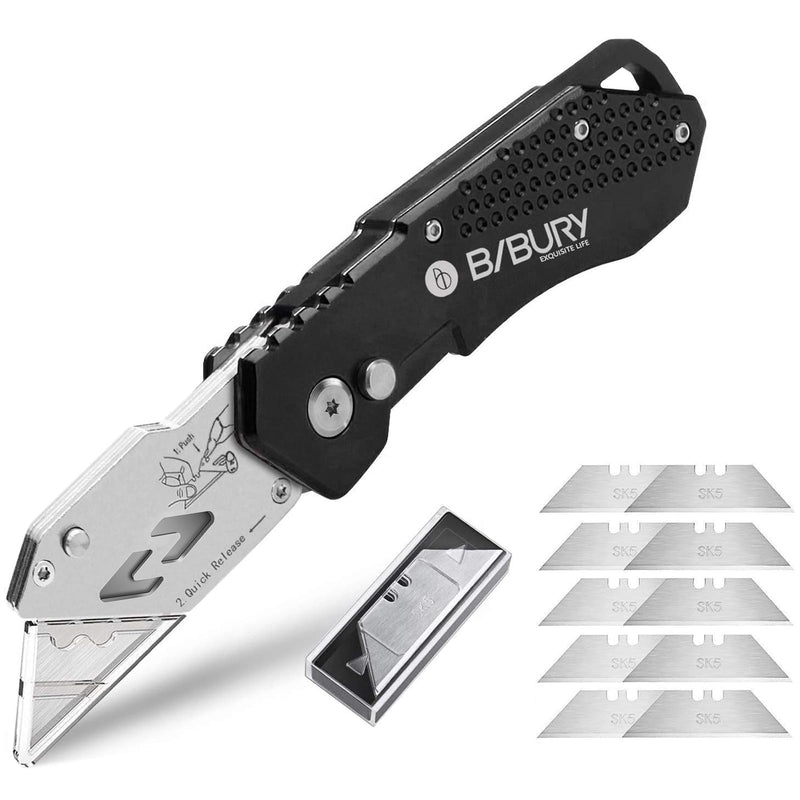 [Australia - AusPower] - Utility Knife, BIBURY Upgraded Version Heavy Duty Box Cutter, Pocket Carpet knife with 10 Replaceable SK5 Stainless Steel Blades, Belt Clip, Easy Release Button, Quick Change and Safety Lock-Black Black 