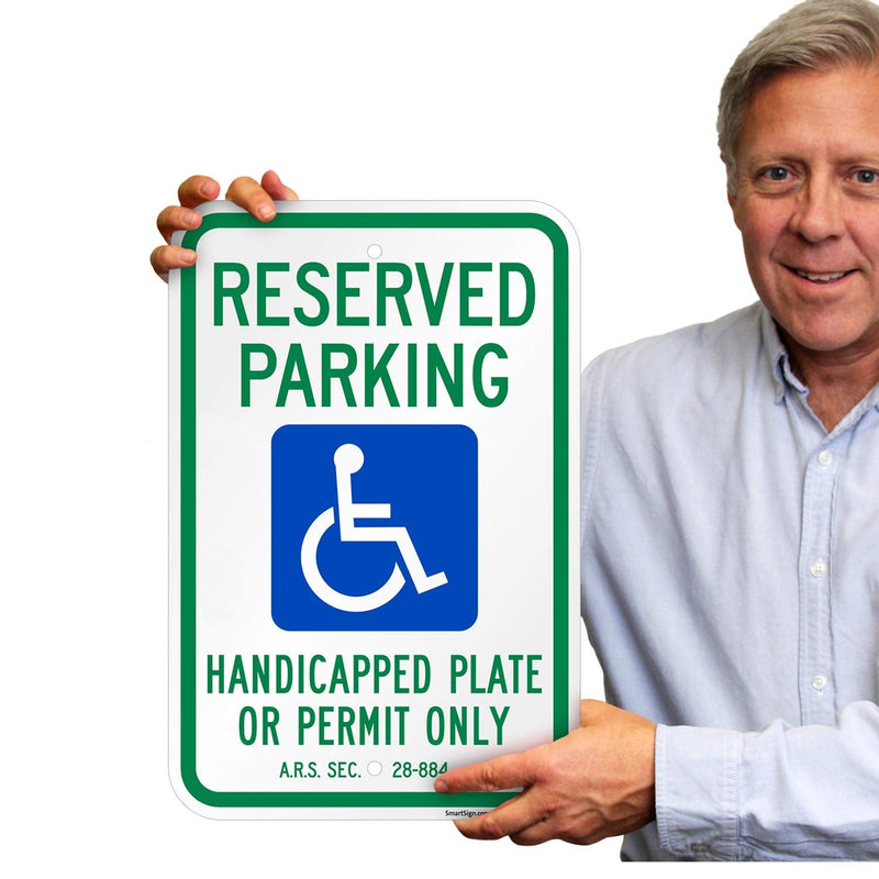 SmartSign 18"x12" Basics 'Reserved Parking Handicapped Plate Or Permit' Official Arizona State Metal Sign, 120 mil Aluminum Composite, Engineer Grade Reflective, Blue, Green/White, USA-Made Reflective Aluminum Composite