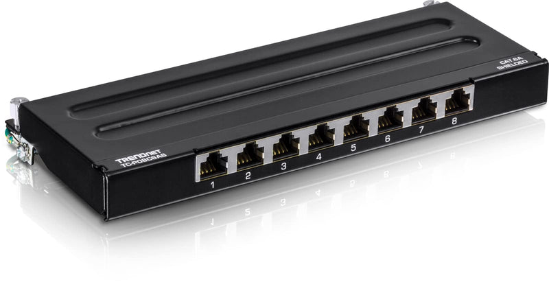 TRENDnet 8-Port Cat6A Shielded Patch Panel, Wall Mount Ready, 10G Ready, Cat5e,Cat6,Cat6A Compatible, Metal Housing, Color-Coded Labeling for T568A & T568B Wiring, Cable Management, Black, TC-P08C6AS 8 Port