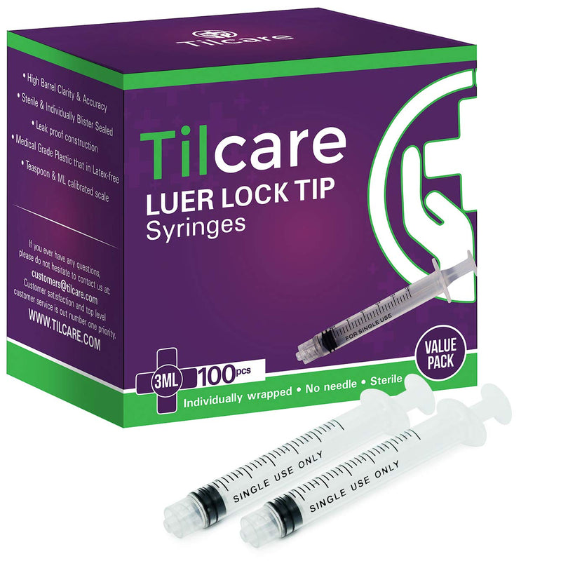 [Australia - AusPower] - 3ml Syringe Without Needle Luer Lock 100 Pack by Tilcare - Sterile Plastic Medicine Droppers for Children, Pets or Adults – Latex-Free Oral Medication Dispenser - Syringes for Glue and Epoxy 