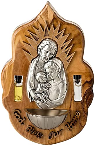 Handcrafted OLIVE WOOD HOLY WATER FONT - "God Bless Our Home"- Authentic RELIGIOUS DECOR from BETHLEHEM - Unique SPIRITUAL GIFT for HOME BLESSING from the HOLY LAND Dimensions: approx. 3.94 x 6.3 inch