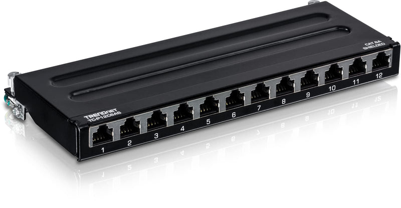 TRENDnet 12-Port Cat6A Shielded Patch Panel, 10G Ready, Cat5e,Cat6,Cat6A Compatible, Metal Housing, Color-Coded Labeling for T568A and T568B Wiring,Cable Management,Wall Mountable, Black,TC-P12C6AS 12 port