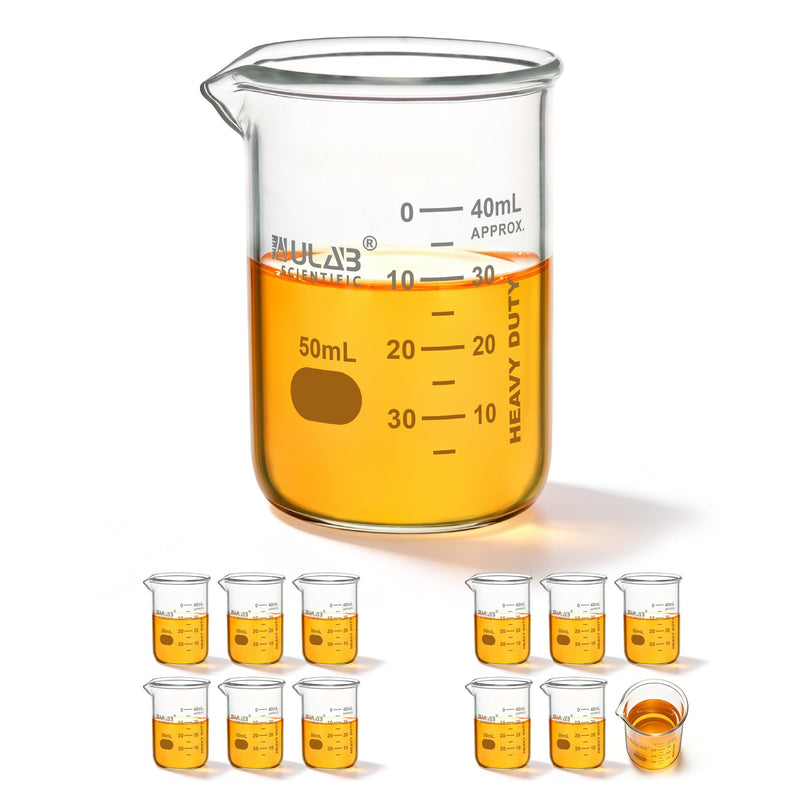 ULAB Scientific Glass Beakers Shot Glass, Vol. 50ml, 3.3 Borosilicate Griffin Low Form with Printed Graduation, Pack of 12, UBG1013 Vol.50ml,Pack of 12