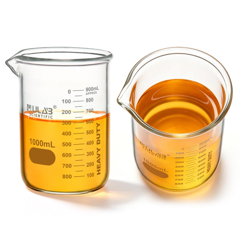 ULAB Scientific Glass Beakers, Vol. 1000ml, 3.3 Borosilicate Griffin Low Form with Printed Graduation, Pack of 2, UBG1017 Vol.1000ml,Pack of 2