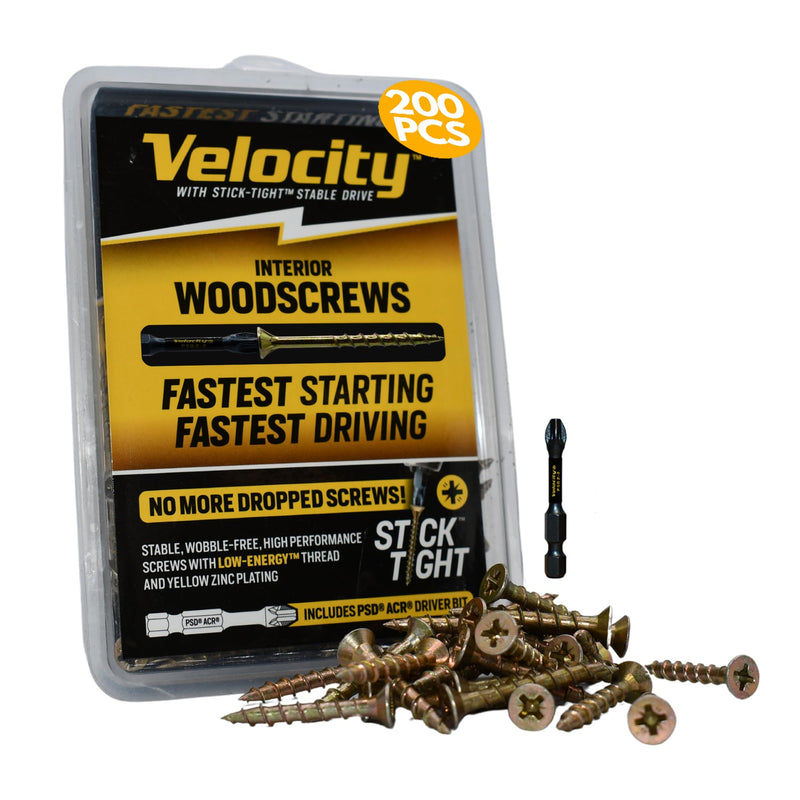 [Australia - AusPower] - Velocity Interior Wood Screw DIY Pack – 200 Furniture Wood Screws, Carbon Steel Screws Wood Zinc Plating, Stick-Tight Technology Screws for Wood Working, Self Tapping Screws (Size #6x1 1/2, 200 Pcs) #6 x 1-1/2" Small Pack 