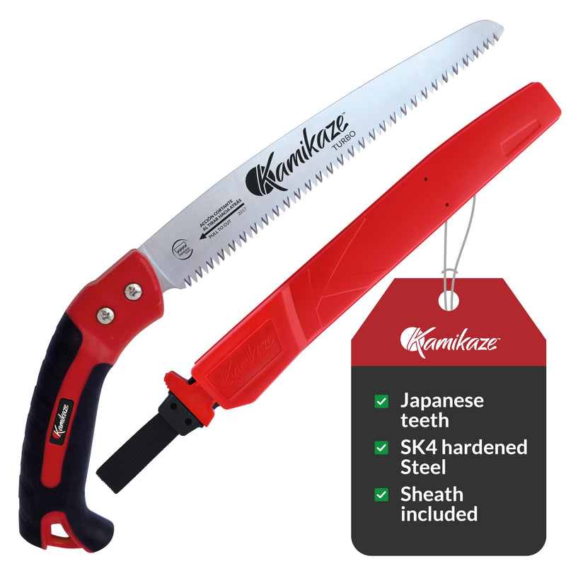 EZ Kut Kamikaze Straight Blade Pruning Saw – 18" Heavy Duty SK5 Carbon Steel – Japanese Pull-Cut Technology – Ergonomic Anti-Fatigue Grip – Tree Trimming Hand Saw with Scabbard Straight Saw