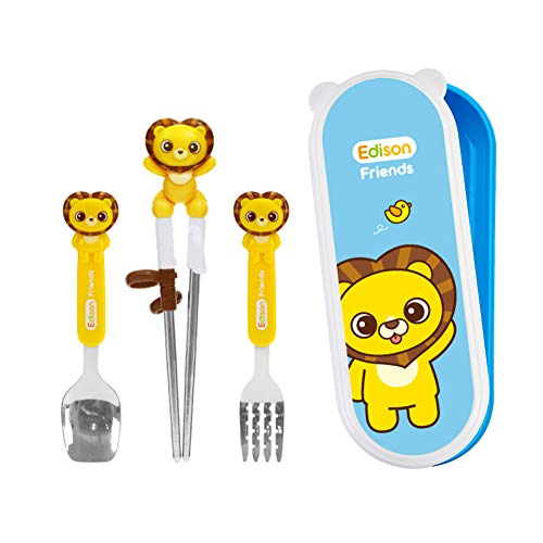 Lion Stainless Steel Chopsticks, Spoon, Fork and Case 4 Set, Chopsticks Training, Beginner, Brain Training, Right Handed (Lion, Hion), Made in Korea.
