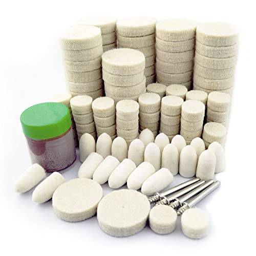 Merryland 145 Pieces Wool Felt Polishing Disc Mixed Felt Disc for Dremel | 120 Polishing Wheels, Polishing Tips, 1 Polishing Paste, 4 3.17mm Mandrels, Polishing Set Mini Rotary Tool Accessories, RMTA145C1 1", 1/2", Bullet Felt Wheel 145pcs