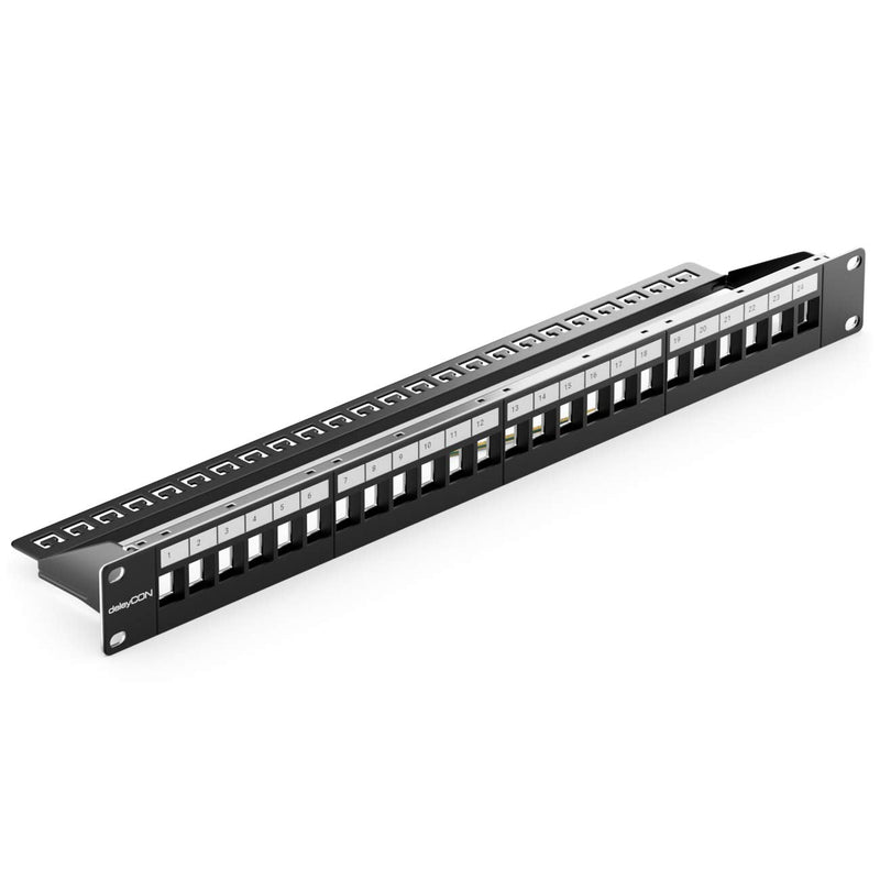 deleyCON 24 Port Patch Panel Keystone 1 HE 19 Inch Black | Modular for Keystone Module, Rack Installation, Compatible CAT5 CAT6 CAT7 CAT8, LAN Network Installation Cable