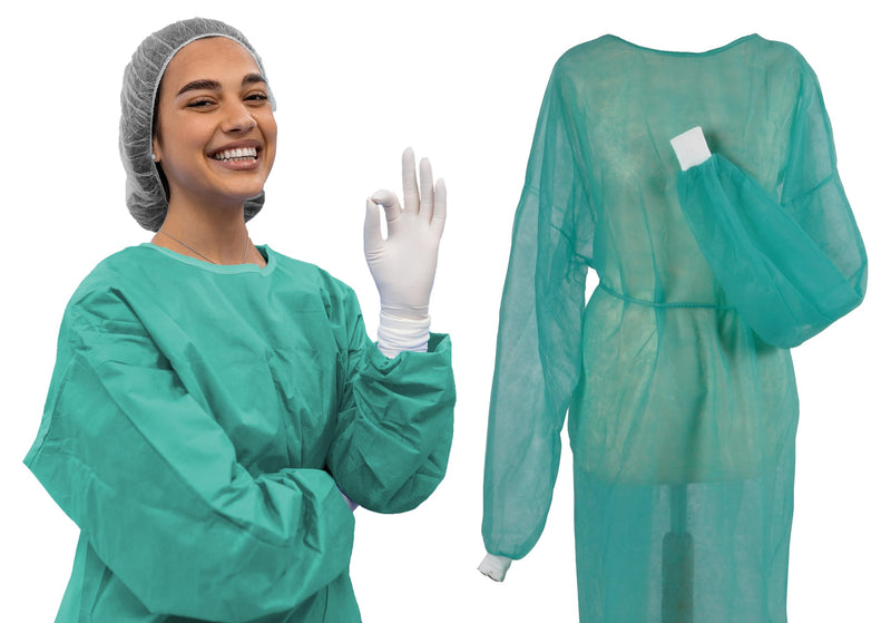 TIGA-MED Disposable Gown - Pack of 10 - Fleece Protective Gown with Jersey Cuffs, 130 x 155 cm, Green - MRSA Suitable - Visitor Gown for Clinic, Practice, Care & Laboratory