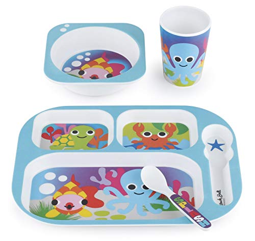 French Bull 4pc Toddler Kids Feeding Melamine Tableware Flatware BPA Free Dishwasher Safe, Durable Plate, Cup, Bowl, Divided Tray Dinnerware, 4 Piece Set, Ocean